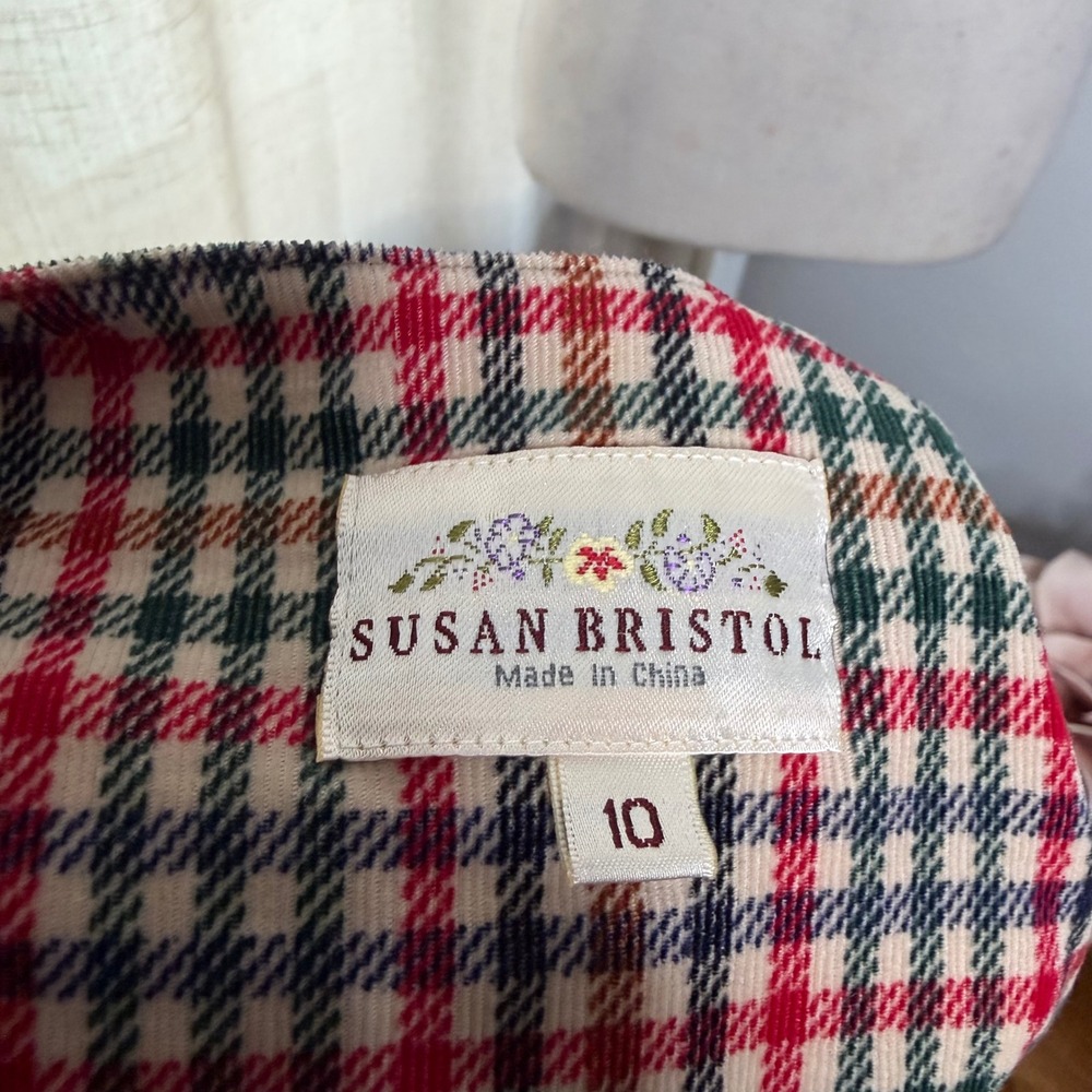 Vintage Susan Bristol Maxi Dress Plaid Corduroy Button Front Tie Back Size 10 - Picture 8 of 10